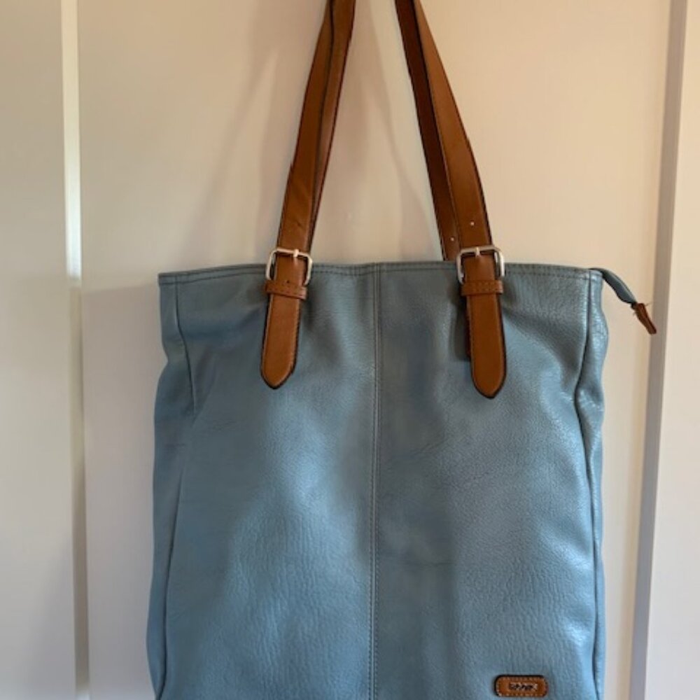 Roots Light Blue Leather LAPTOP Tote with Brown Straps